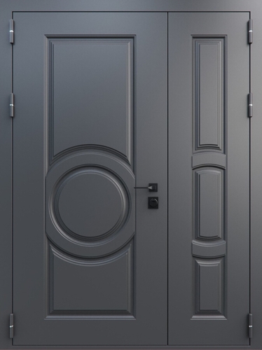 Полуторная дверь с металлобагетом и порошковым напылением «Классика» №9 темно-серого цвета Полуторная дверь с металлобагетом и порошковым напылением «Классика» №9 темно-серого цвета