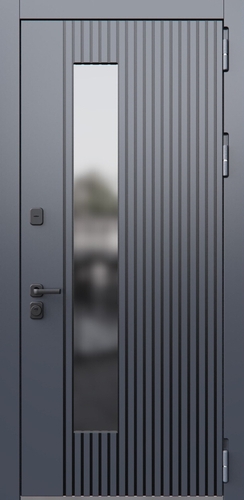 Дверь с МДФ-панелями графитового цвета с реечным дизайном и узким стеклопакетом Дверь с МДФ-панелями графитового цвета с реечным дизайном и узким стеклопакетом