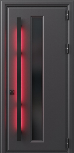 Дверь с порошковым напылением графитового цвета, узким стеклопакетом и бугельной ручкой с красной подсветкой Дверь с порошковым напылением графитового цвета, узким стеклопакетом и бугельной ручкой с красной подсветкой